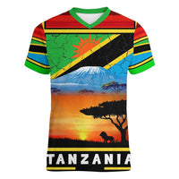 African Sunset Design Women V-Neck T-Shirt with Flag Map Mount Kilimanjaro and Wildlife Scene