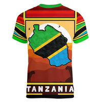 African Sunset Design Women V-Neck T-Shirt with Flag Map Mount Kilimanjaro and Wildlife Scene