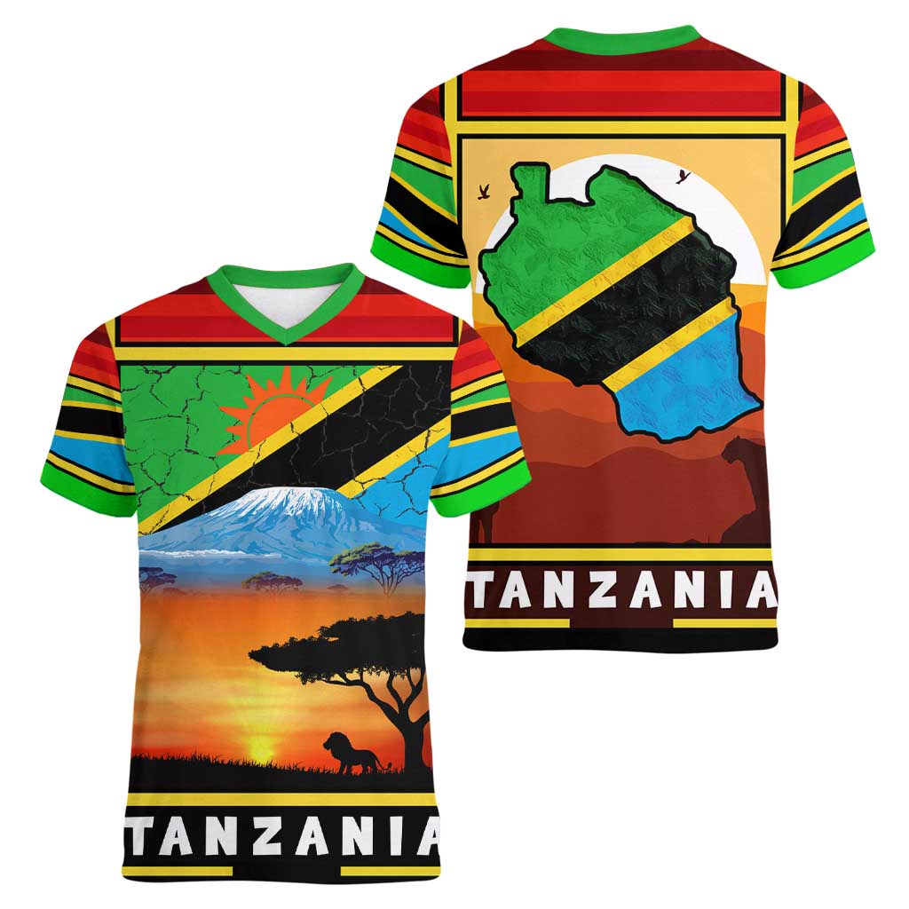 African Sunset Design Women V-Neck T-Shirt with Flag Map Mount Kilimanjaro and Wildlife Scene