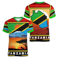 African Sunset Design Women V-Neck T-Shirt with Flag Map Mount Kilimanjaro and Wildlife Scene
