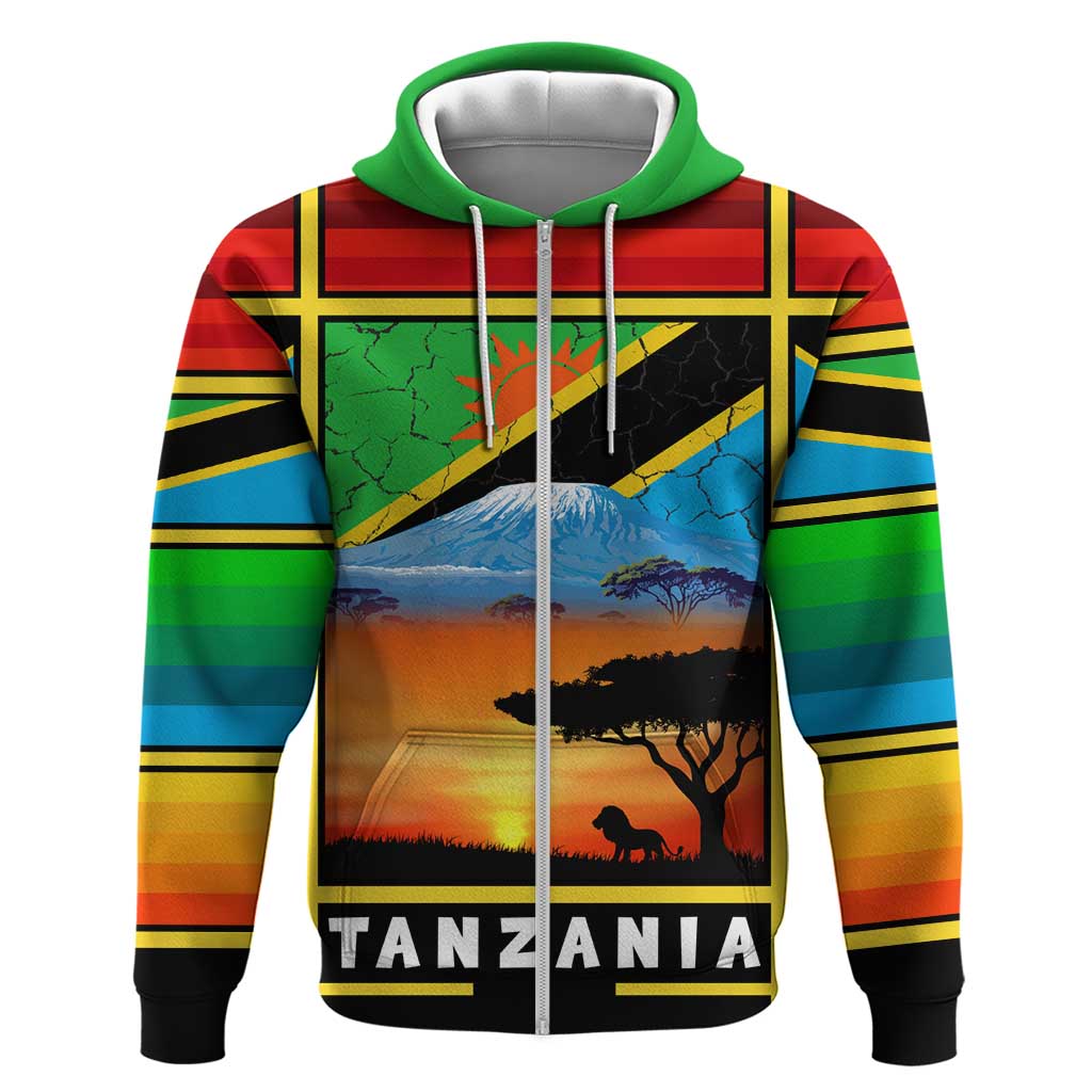 African Sunset Design Zip Hoodie with Flag Map Mount Kilimanjaro and Wildlife Scene