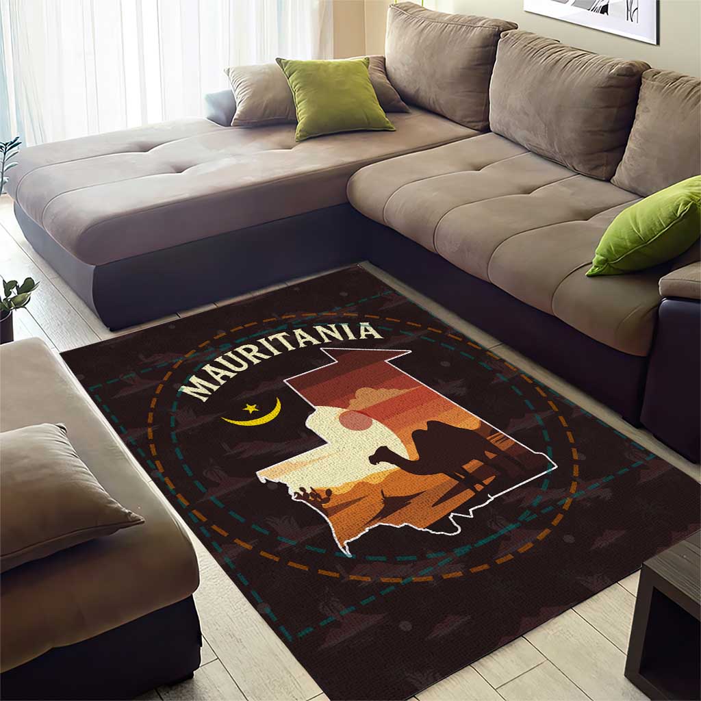 Mauritania Area Rug with Desert Sunset Camel Silhouette and Flag Accents