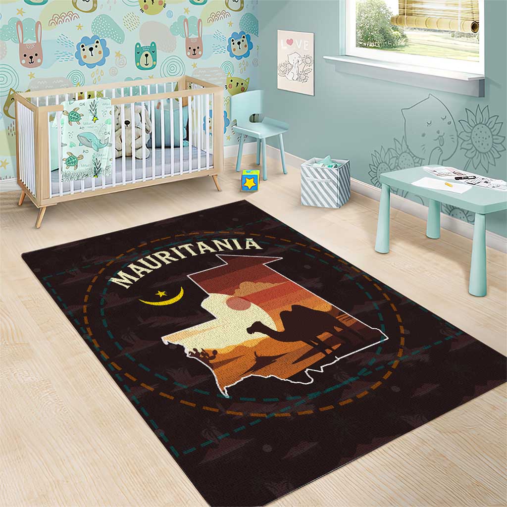 Mauritania Area Rug with Desert Sunset Camel Silhouette and Flag Accents