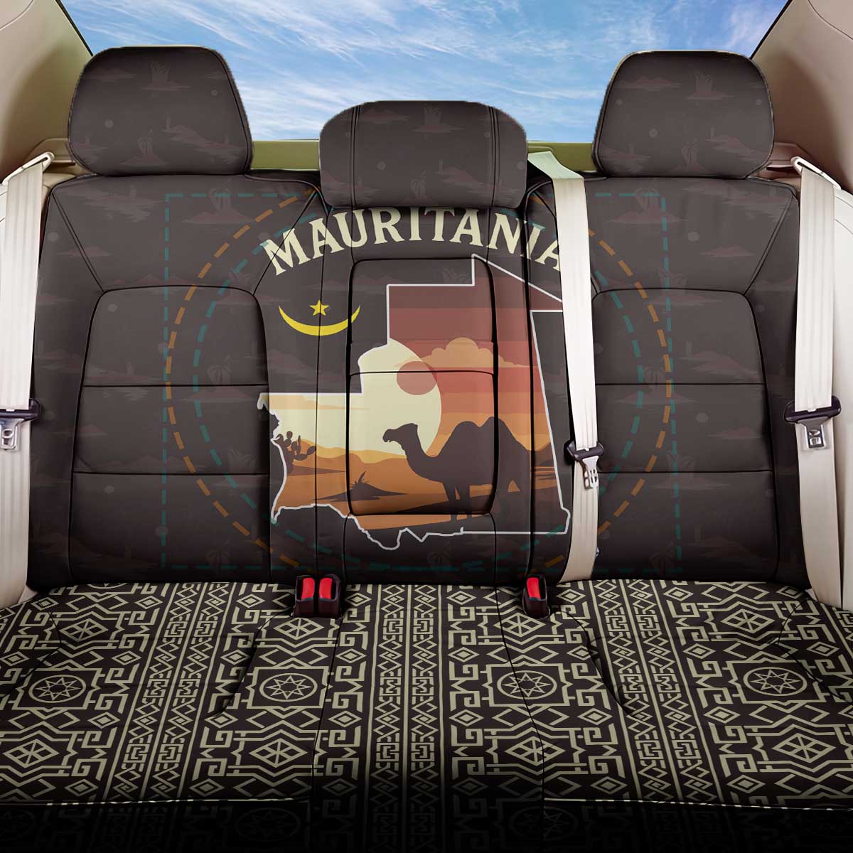 Mauritania Back Car Seat Cover with Desert Sunset Camel Silhouette and Flag Accents