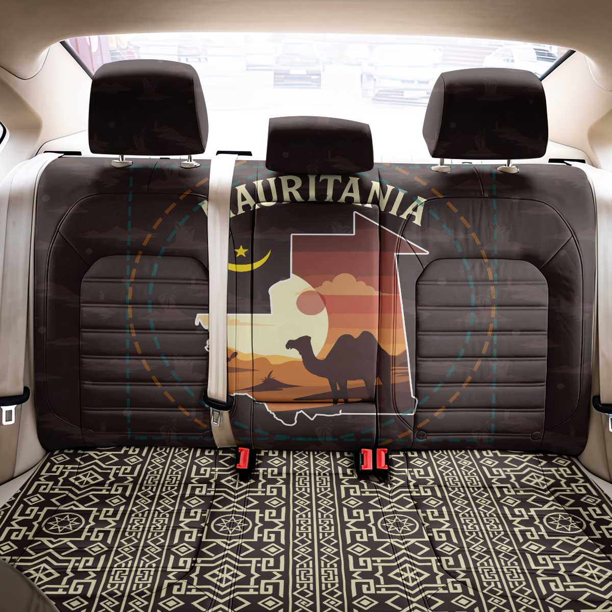 Mauritania Back Car Seat Cover with Desert Sunset Camel Silhouette and Flag Accents