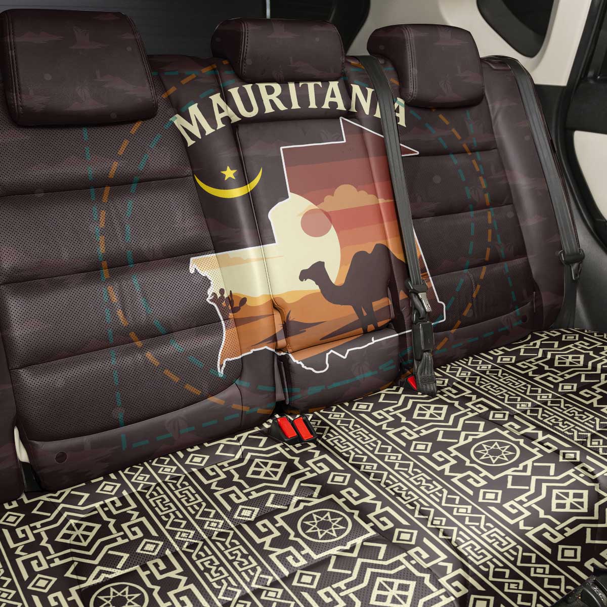 Mauritania Back Car Seat Cover with Desert Sunset Camel Silhouette and Flag Accents