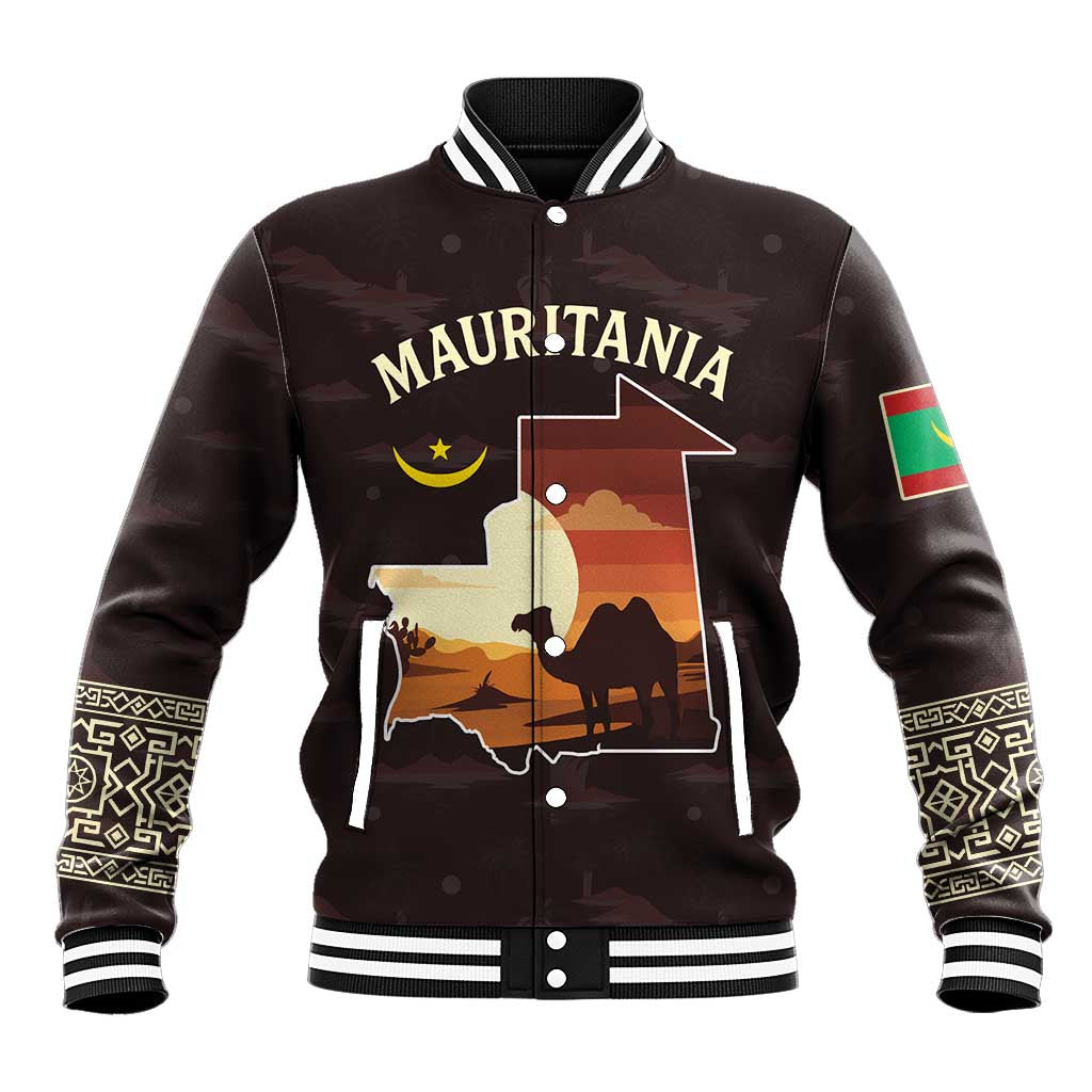 Mauritania Baseball Jacket with Desert Sunset Camel Silhouette and Flag Accents