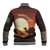 Mauritania Baseball Jacket with Desert Sunset Camel Silhouette and Flag Accents