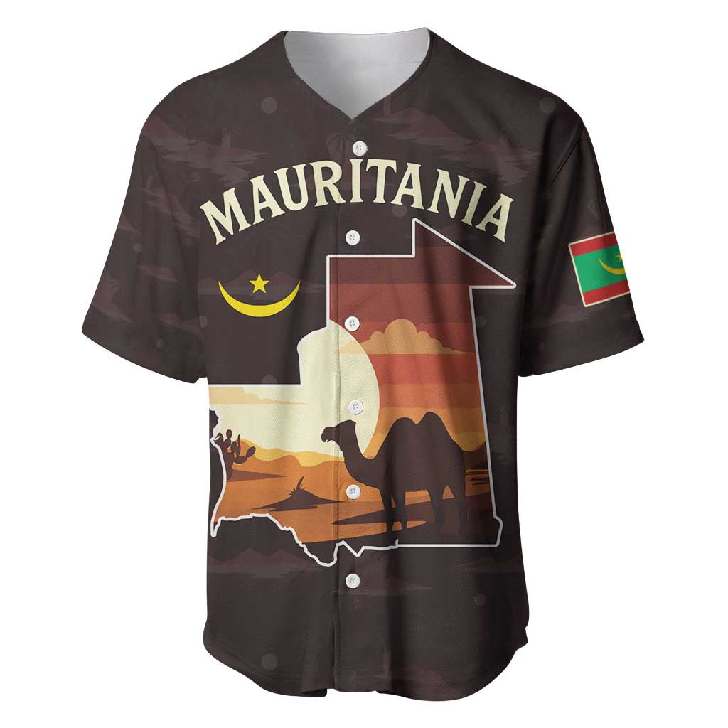Mauritania Baseball Jersey with Desert Sunset Camel Silhouette and Flag Accents