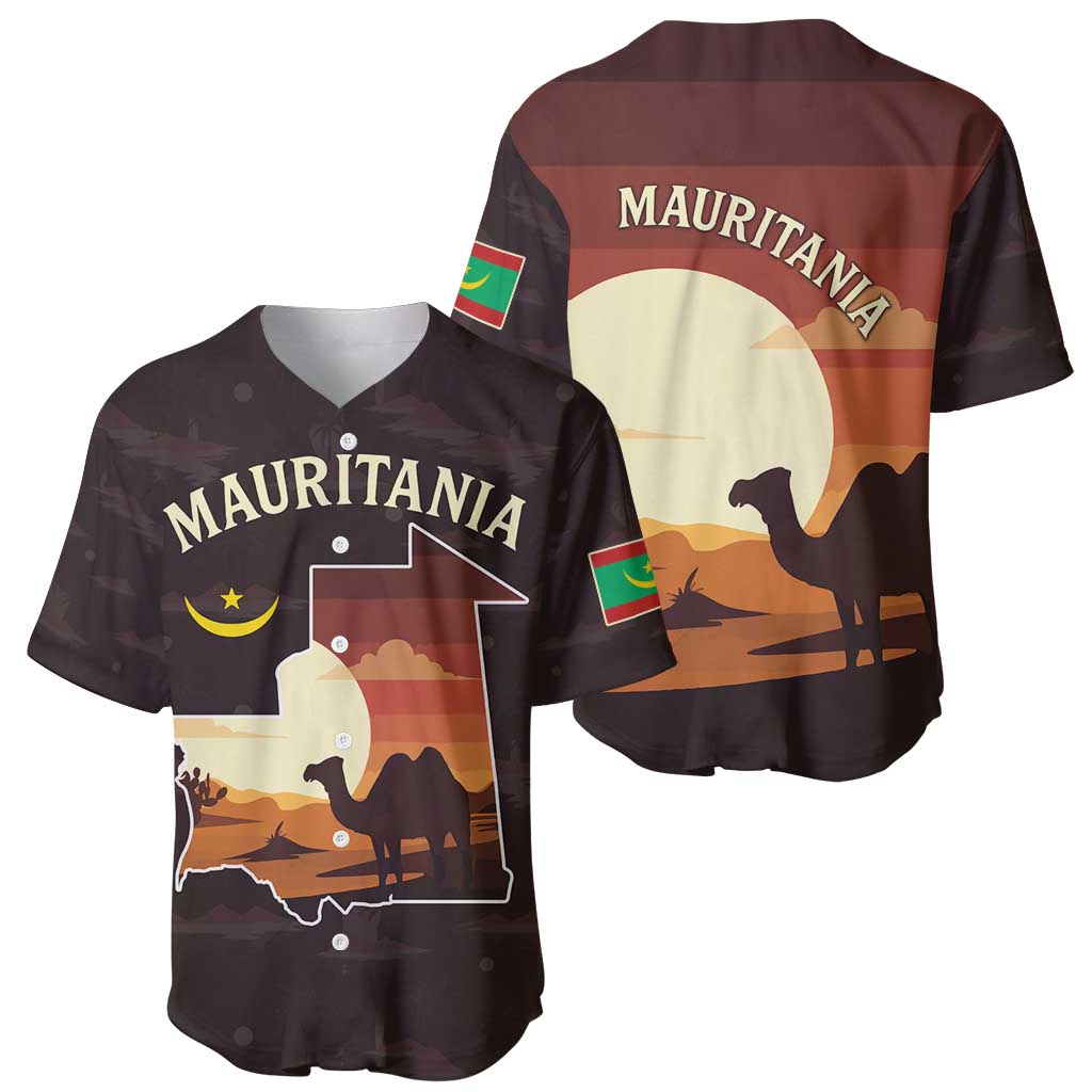 Mauritania Baseball Jersey with Desert Sunset Camel Silhouette and Flag Accents