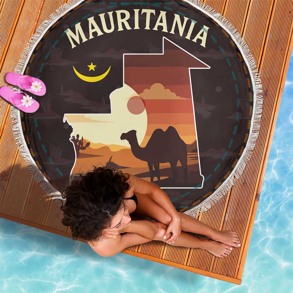 Mauritania Beach Blanket with Desert Sunset Camel Silhouette and Flag Accents