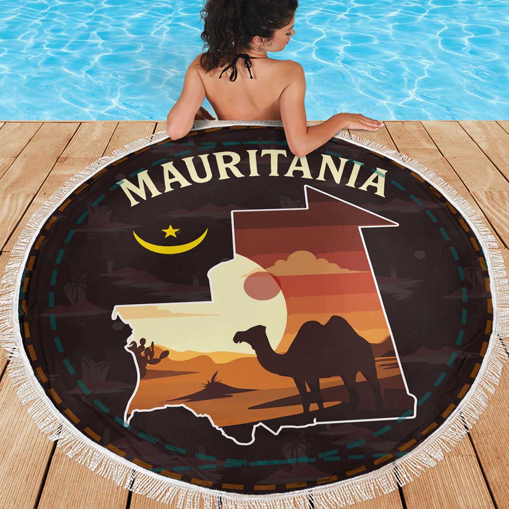 Mauritania Beach Blanket with Desert Sunset Camel Silhouette and Flag Accents