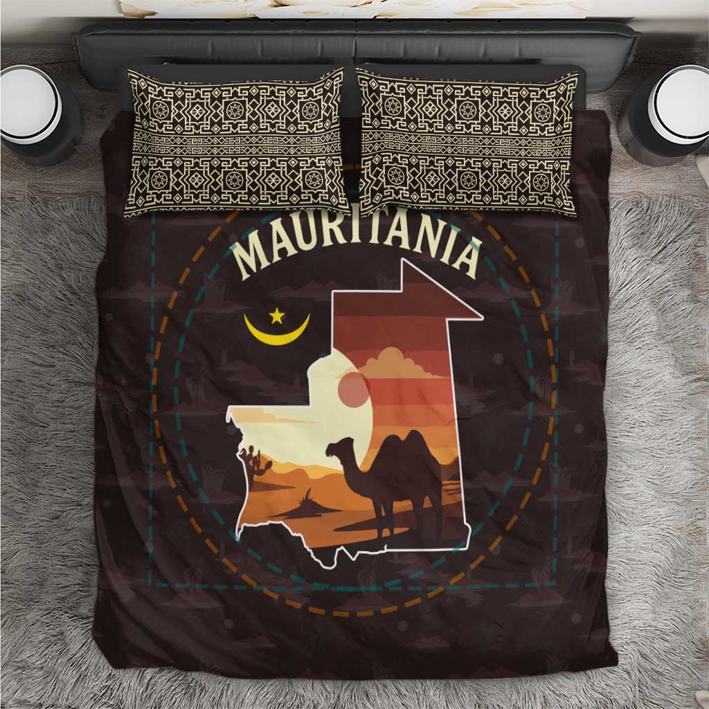 Mauritania Bedding Set with Desert Sunset Camel Silhouette and Flag Accents