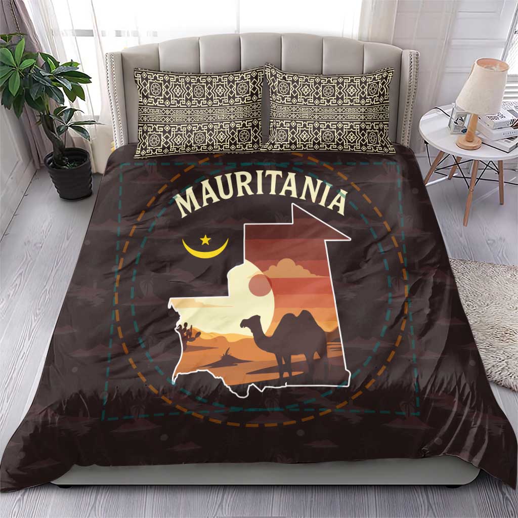 Mauritania Bedding Set with Desert Sunset Camel Silhouette and Flag Accents