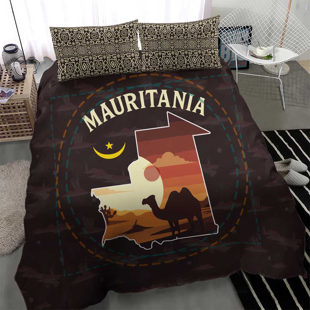 Mauritania Bedding Set with Desert Sunset Camel Silhouette and Flag Accents