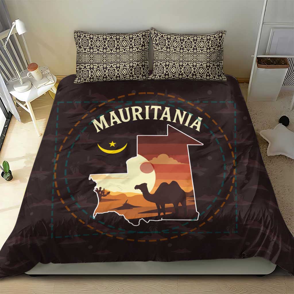 Mauritania Bedding Set with Desert Sunset Camel Silhouette and Flag Accents