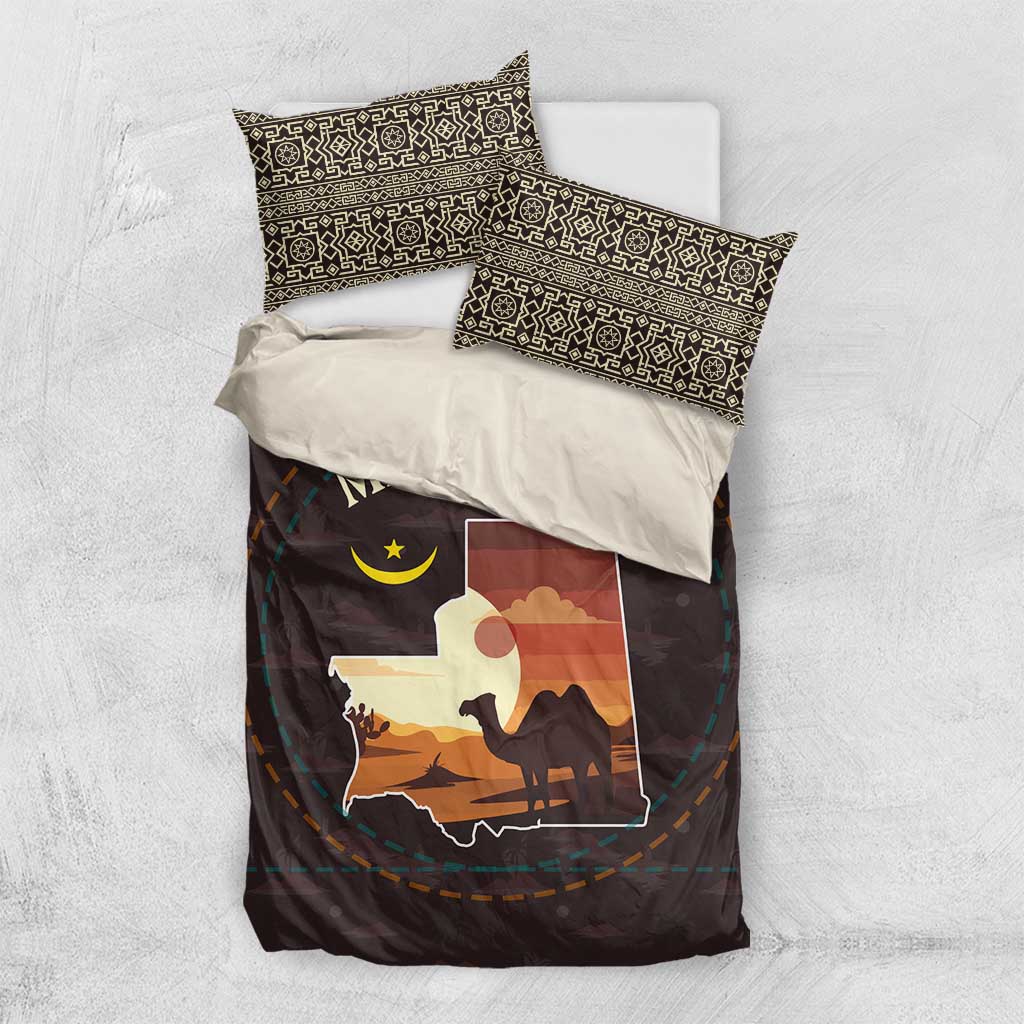 Mauritania Bedding Set with Desert Sunset Camel Silhouette and Flag Accents