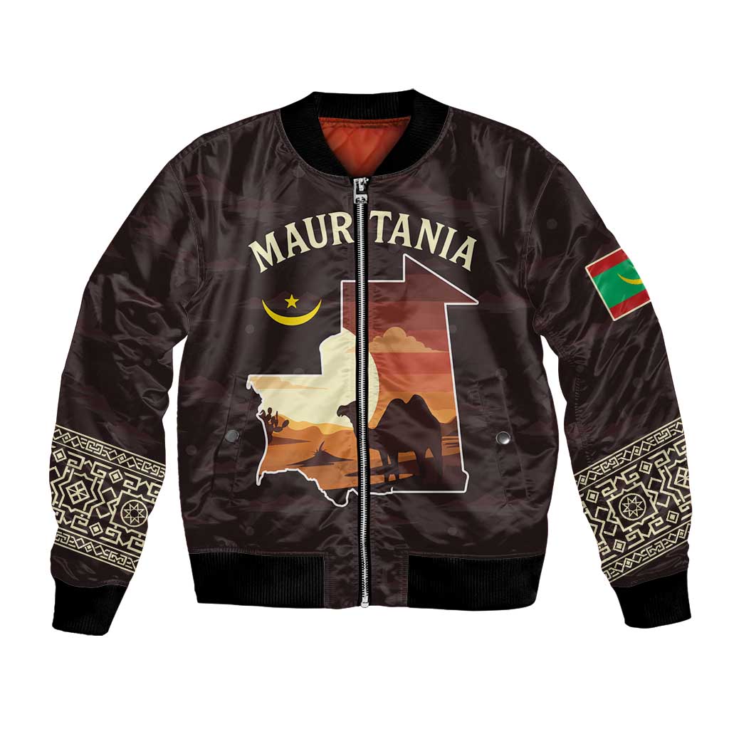 Mauritania Bomber Jacket with Desert Sunset Camel Silhouette and Flag Accents