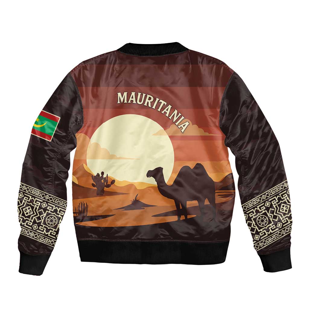 Mauritania Bomber Jacket with Desert Sunset Camel Silhouette and Flag Accents