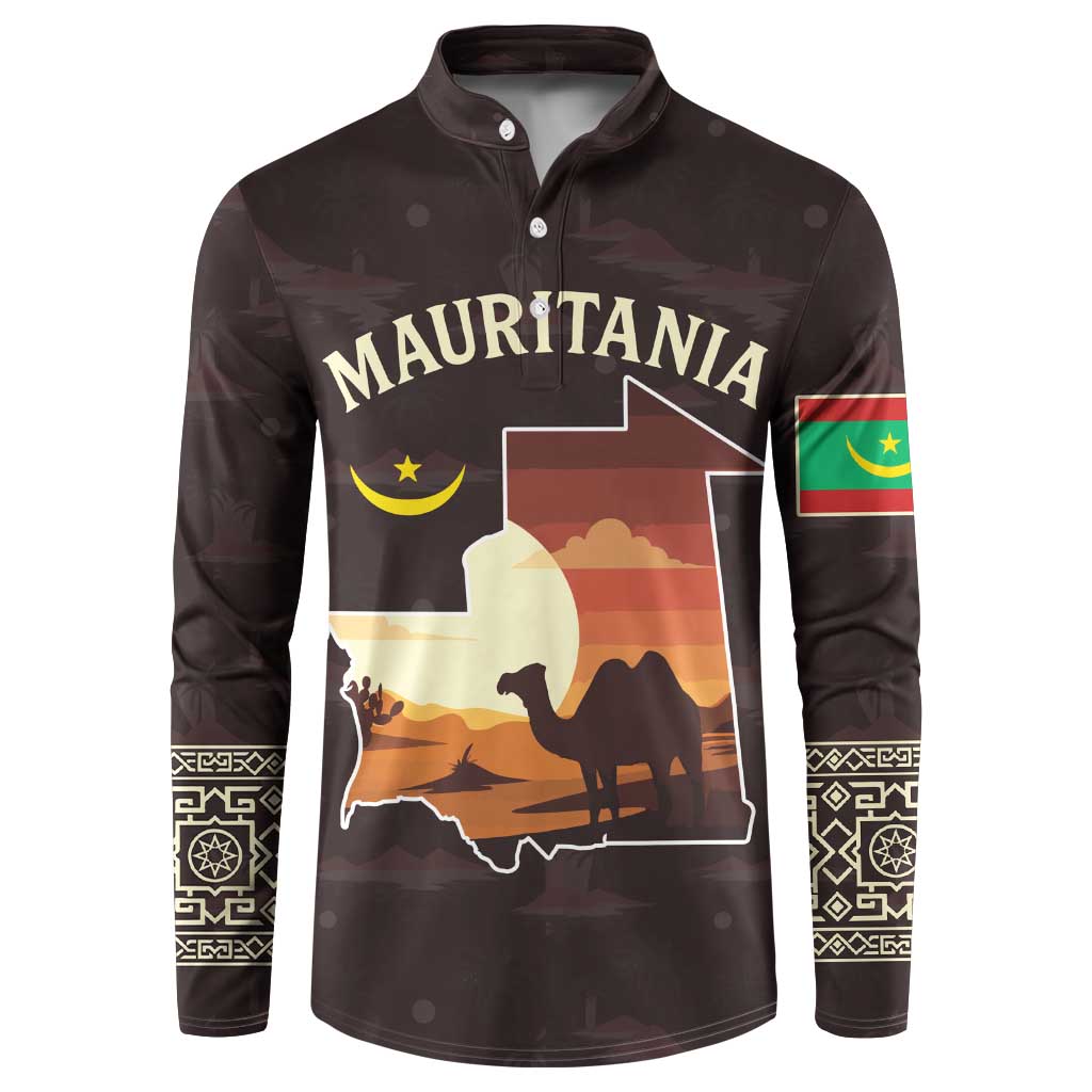 Mauritania Button Sweatshirt with Desert Sunset Camel Silhouette and Flag Accents