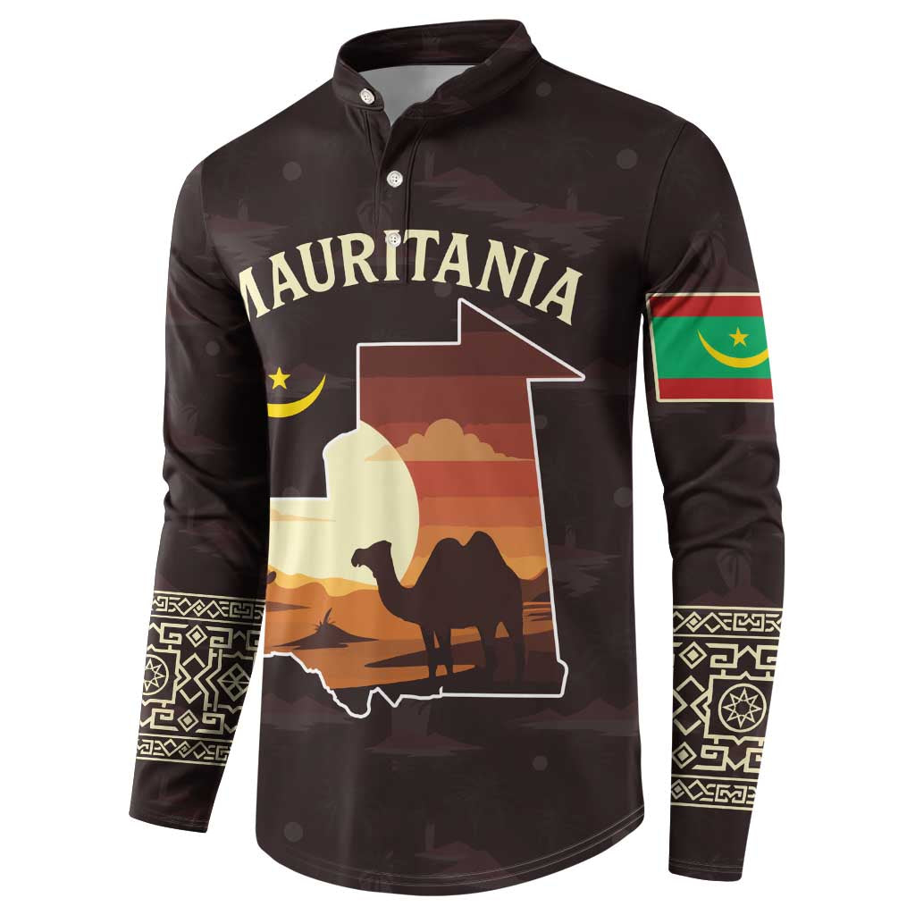 Mauritania Button Sweatshirt with Desert Sunset Camel Silhouette and Flag Accents