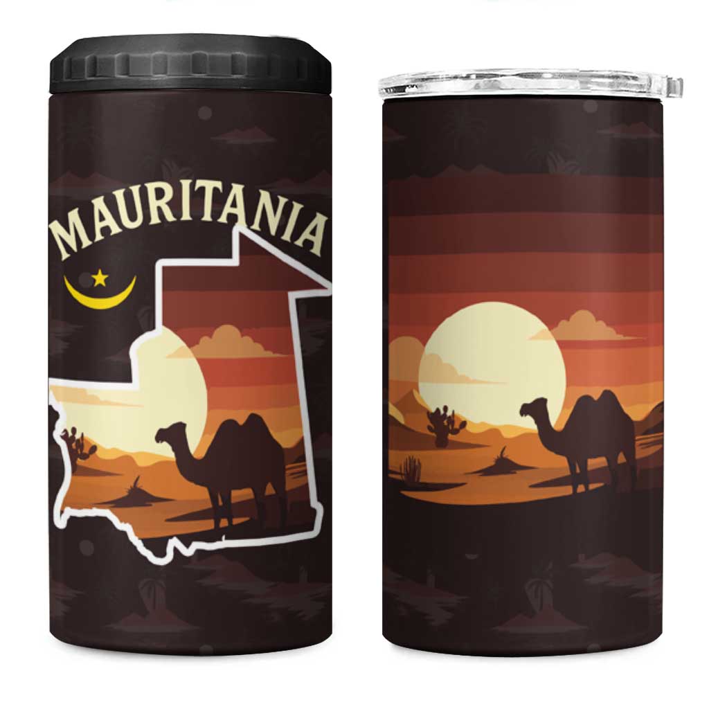 Mauritania 4 in 1 Can Cooler Tumbler with Desert Sunset Camel Silhouette and Flag Accents