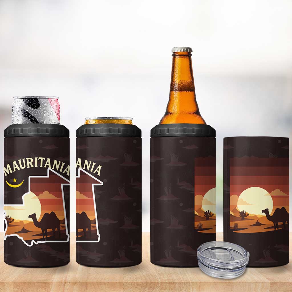 Mauritania 4 in 1 Can Cooler Tumbler with Desert Sunset Camel Silhouette and Flag Accents
