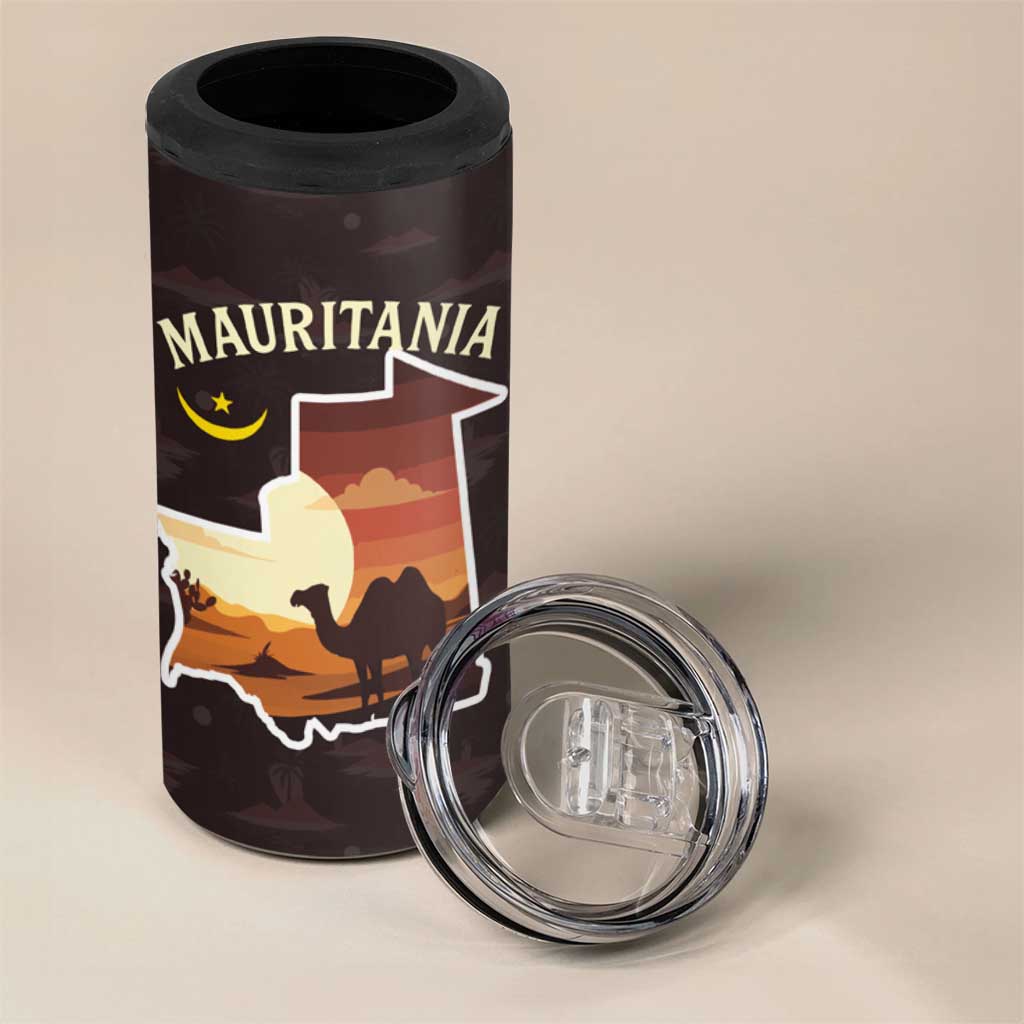 Mauritania 4 in 1 Can Cooler Tumbler with Desert Sunset Camel Silhouette and Flag Accents