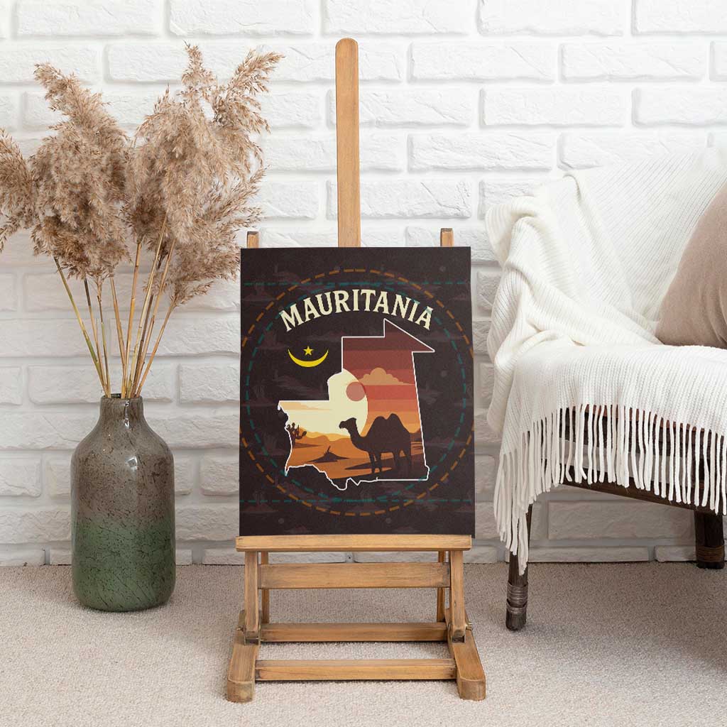 Mauritania Canvas Wall Art with Desert Sunset Camel Silhouette and Flag Accents
