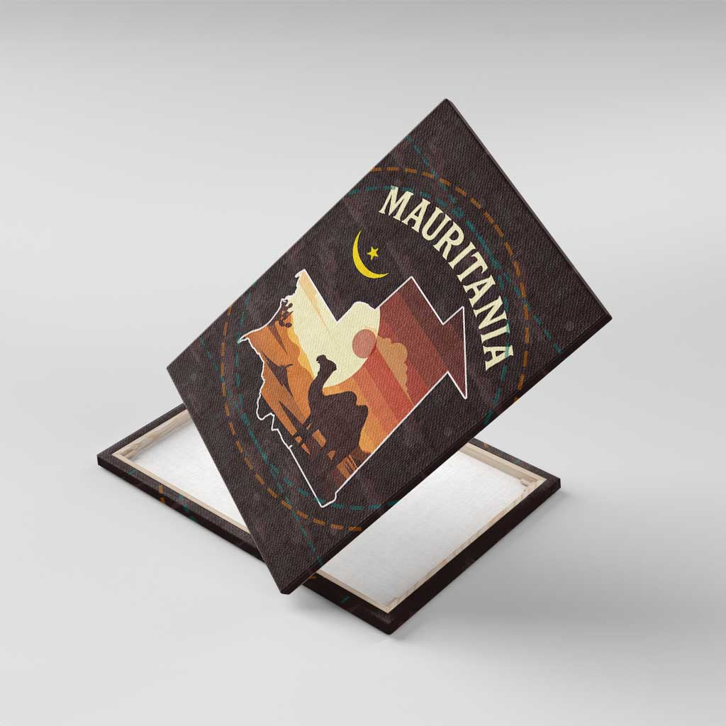 Mauritania Canvas Wall Art with Desert Sunset Camel Silhouette and Flag Accents