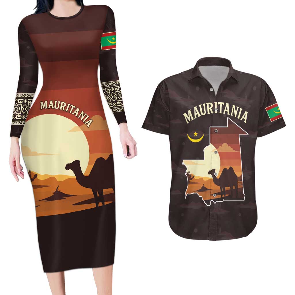 Mauritania Couples Matching Long Sleeve Bodycon Dress and Hawaiian Shirt with Desert Sunset Camel Silhouette and Flag Accents