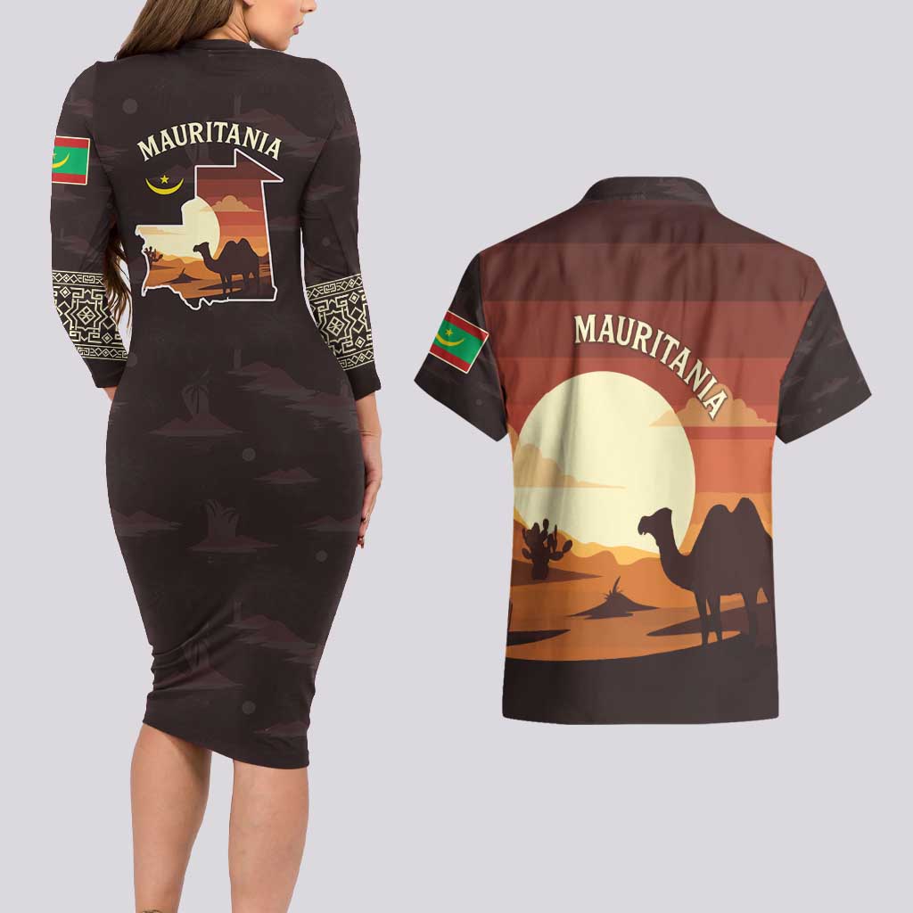 Mauritania Couples Matching Long Sleeve Bodycon Dress and Hawaiian Shirt with Desert Sunset Camel Silhouette and Flag Accents