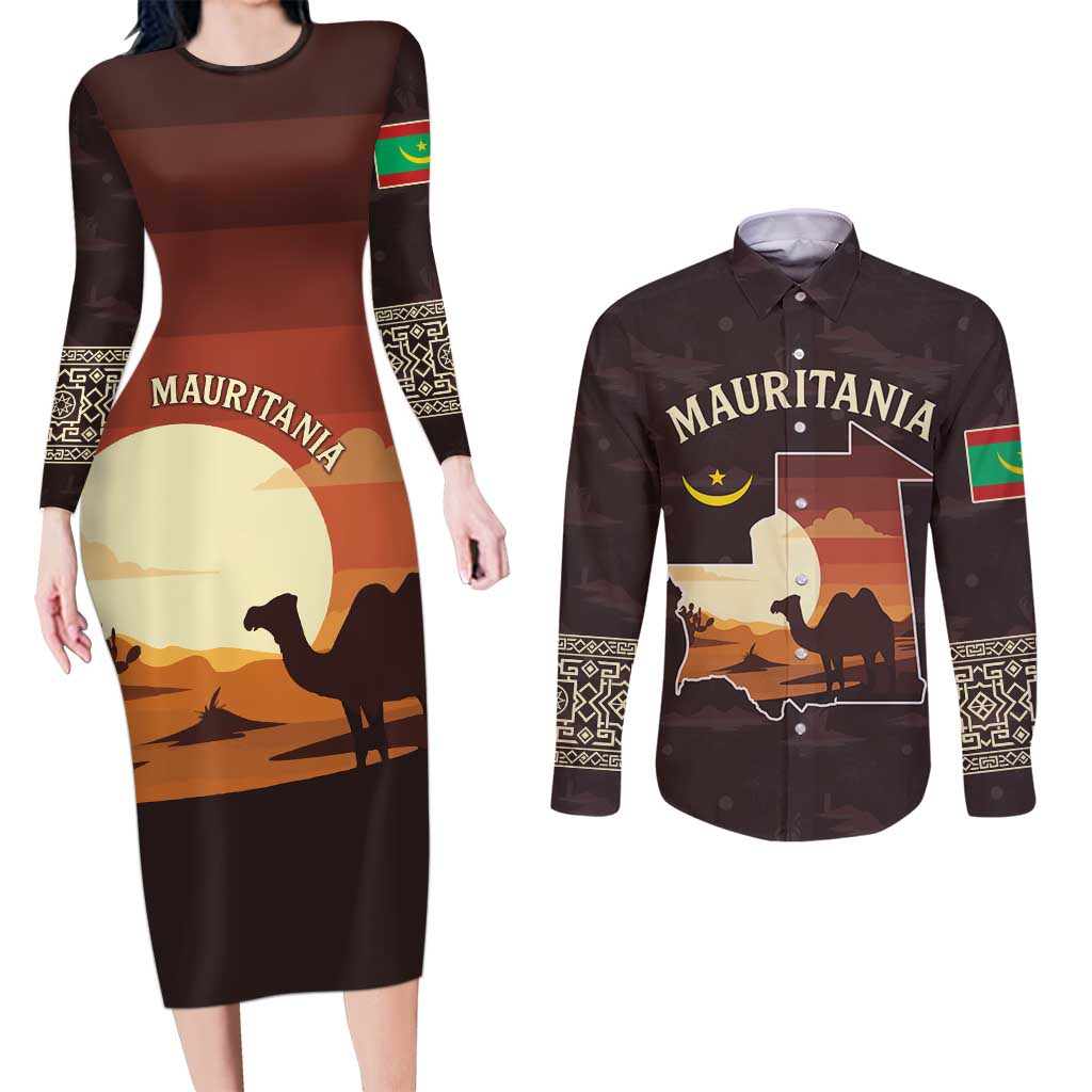 Mauritania Couples Matching Long Sleeve Bodycon Dress and Long Sleeve Button Shirt with Desert Sunset Camel Silhouette and Flag Accents