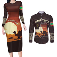 Mauritania Couples Matching Long Sleeve Bodycon Dress and Long Sleeve Button Shirt with Desert Sunset Camel Silhouette and Flag Accents