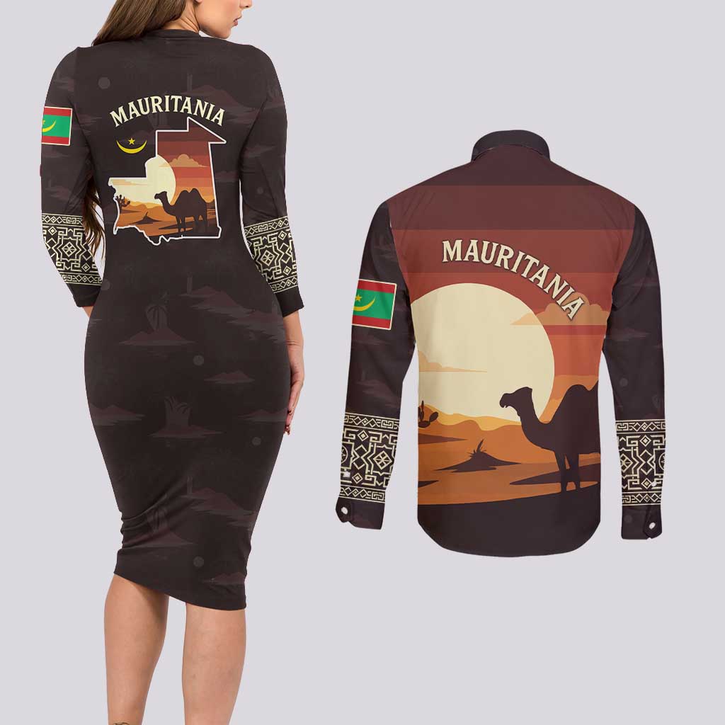 Mauritania Couples Matching Long Sleeve Bodycon Dress and Long Sleeve Button Shirt with Desert Sunset Camel Silhouette and Flag Accents