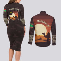 Mauritania Couples Matching Long Sleeve Bodycon Dress and Long Sleeve Button Shirt with Desert Sunset Camel Silhouette and Flag Accents