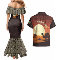 Mauritania Couples Matching Mermaid Dress and Hawaiian Shirt with Desert Sunset Camel Silhouette and Flag Accents
