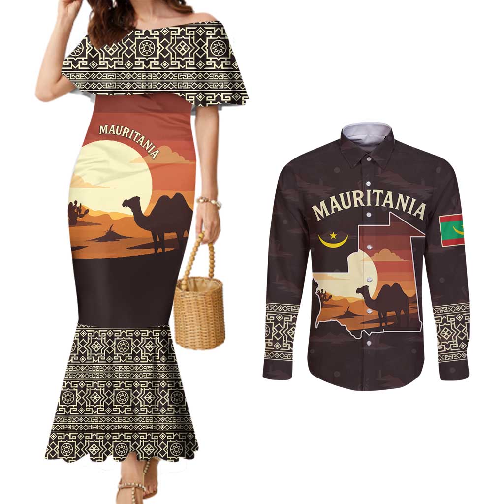 Mauritania Couples Matching Mermaid Dress and Long Sleeve Button Shirt with Desert Sunset Camel Silhouette and Flag Accents