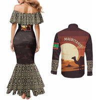 Mauritania Couples Matching Mermaid Dress and Long Sleeve Button Shirt with Desert Sunset Camel Silhouette and Flag Accents