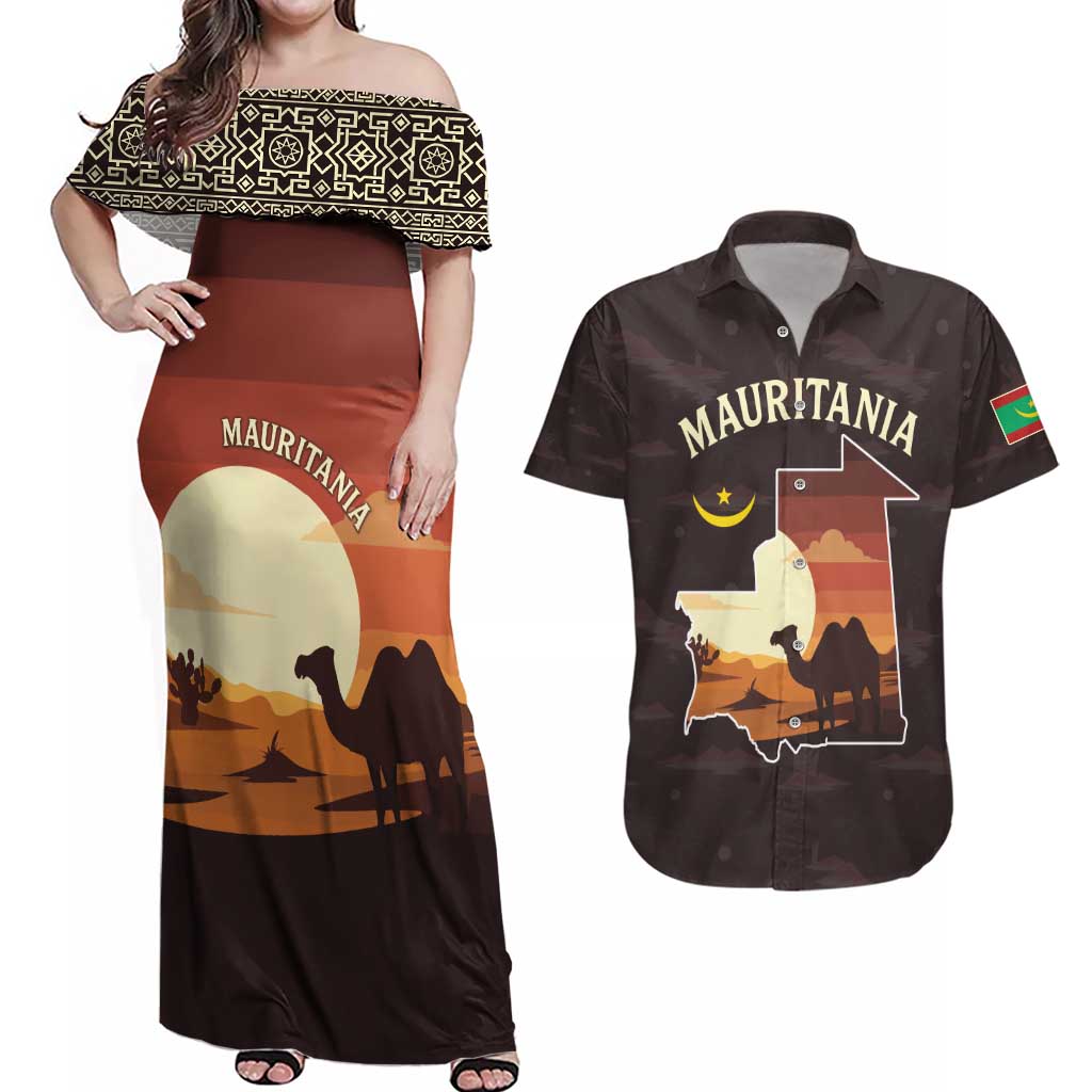 Mauritania Couples Matching Off Shoulder Maxi Dress and Hawaiian Shirt with Desert Sunset Camel Silhouette and Flag Accents