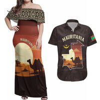 Mauritania Couples Matching Off Shoulder Maxi Dress and Hawaiian Shirt with Desert Sunset Camel Silhouette and Flag Accents
