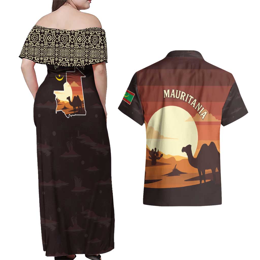 Mauritania Couples Matching Off Shoulder Maxi Dress and Hawaiian Shirt with Desert Sunset Camel Silhouette and Flag Accents