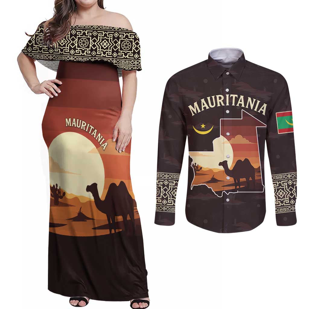 Mauritania Couples Matching Off Shoulder Maxi Dress and Long Sleeve Button Shirt with Desert Sunset Camel Silhouette and Flag Accents
