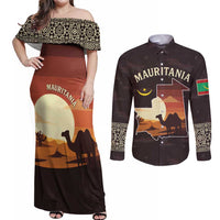 Mauritania Couples Matching Off Shoulder Maxi Dress and Long Sleeve Button Shirt with Desert Sunset Camel Silhouette and Flag Accents