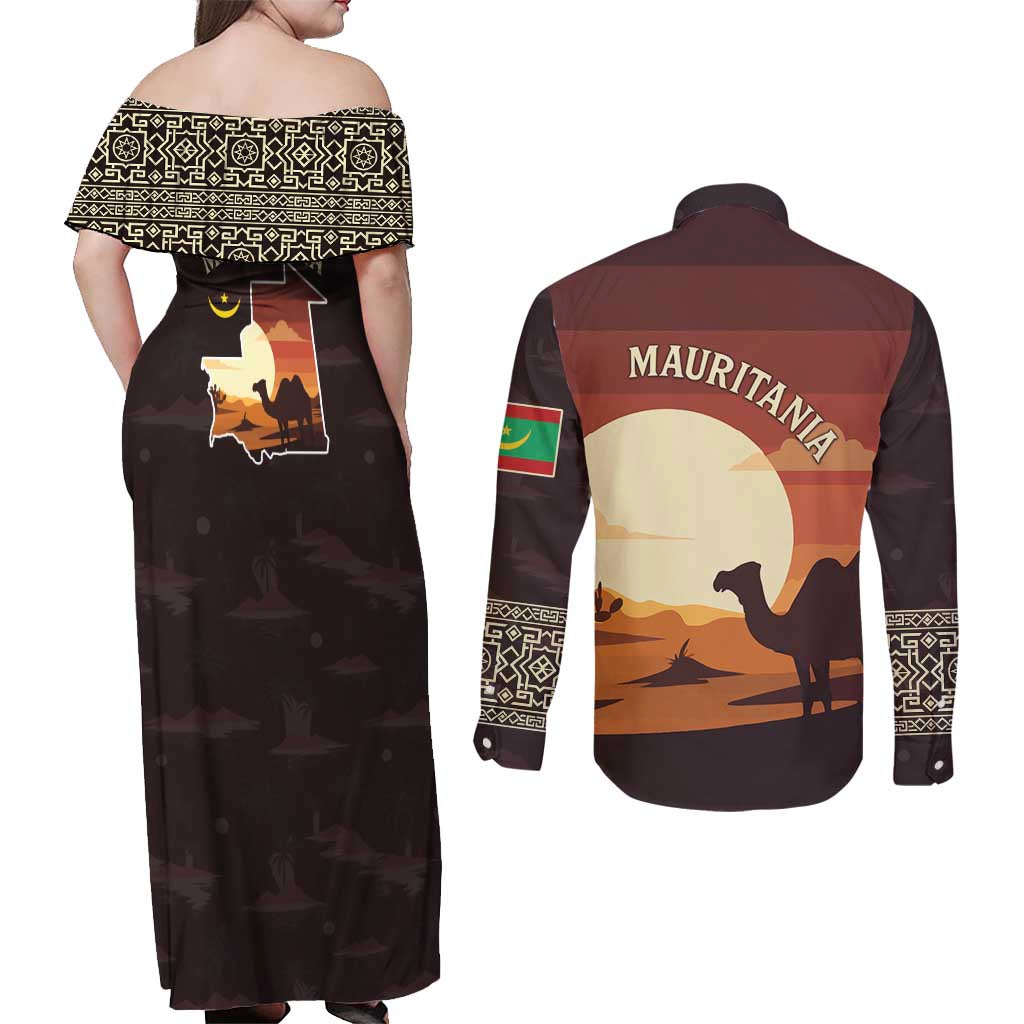 Mauritania Couples Matching Off Shoulder Maxi Dress and Long Sleeve Button Shirt with Desert Sunset Camel Silhouette and Flag Accents