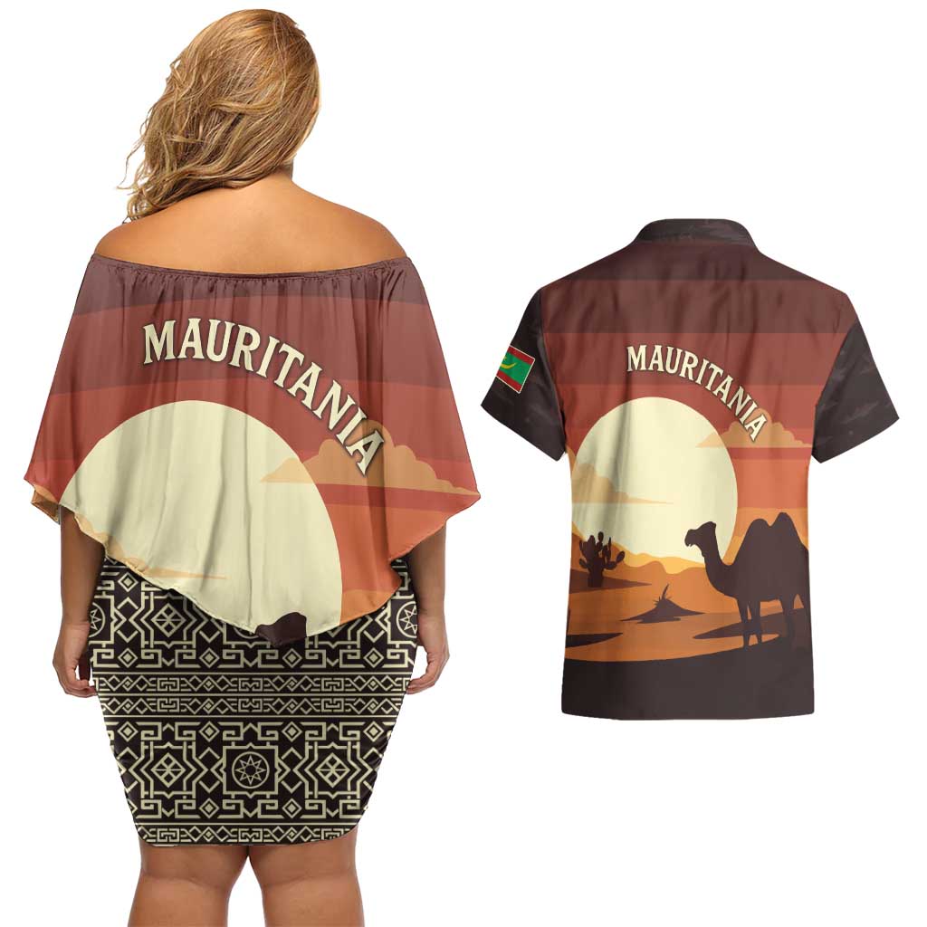 Mauritania Couples Matching Off Shoulder Short Dress and Hawaiian Shirt with Desert Sunset Camel Silhouette and Flag Accents