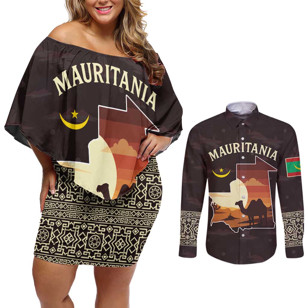 Mauritania Couples Matching Off Shoulder Short Dress and Long Sleeve Button Shirt with Desert Sunset Camel Silhouette and Flag Accents
