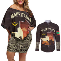 Mauritania Couples Matching Off Shoulder Short Dress and Long Sleeve Button Shirt with Desert Sunset Camel Silhouette and Flag Accents