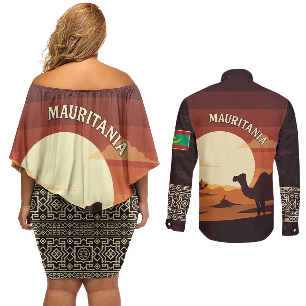 Mauritania Couples Matching Off Shoulder Short Dress and Long Sleeve Button Shirt with Desert Sunset Camel Silhouette and Flag Accents