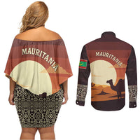 Mauritania Couples Matching Off Shoulder Short Dress and Long Sleeve Button Shirt with Desert Sunset Camel Silhouette and Flag Accents